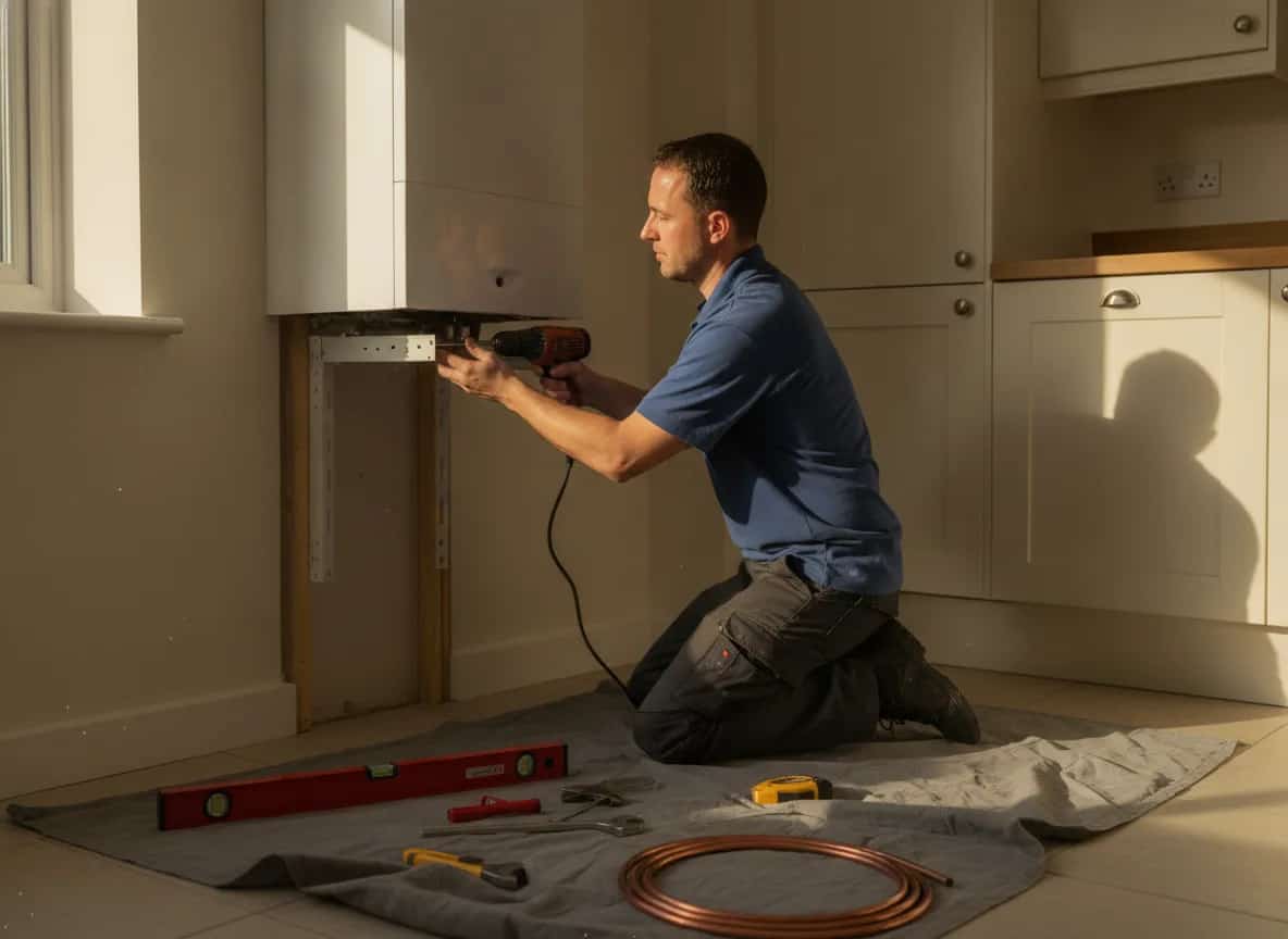 Heating engineer fitting a new combi boiler bracket to a kitchen wall during a boiler installation in Falkirk