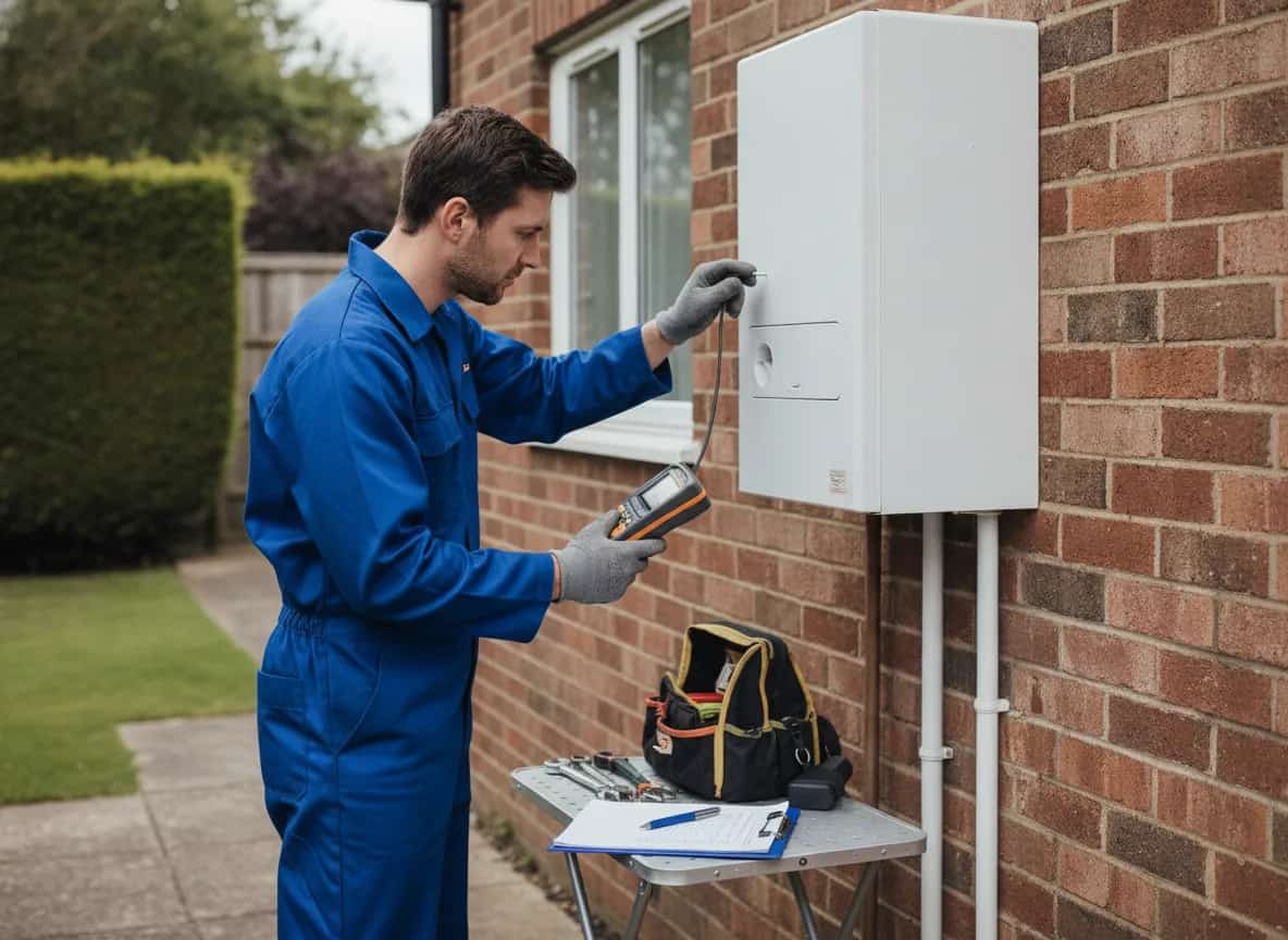 Heating engineer carrying out a flue gas analysis during an annual boiler service on a Falkirk home