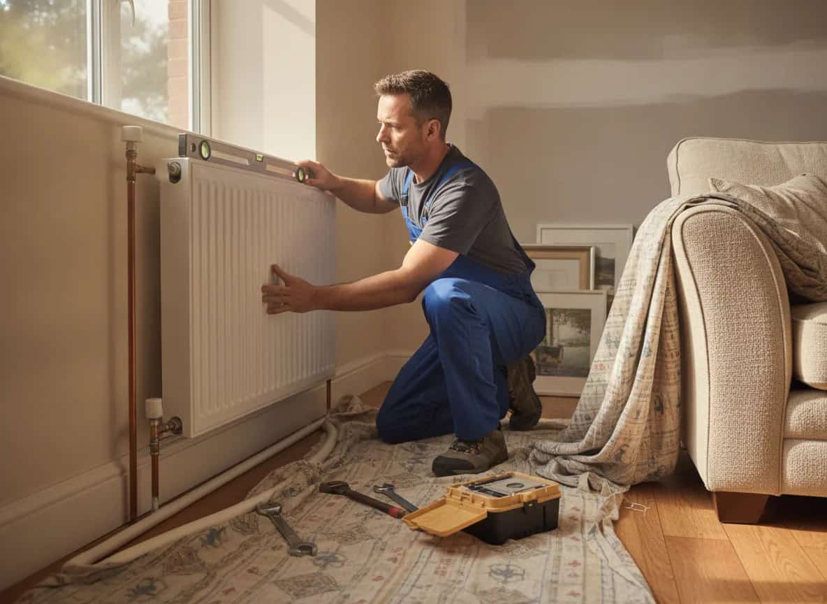 Heating engineer fitting a new double-panel radiator to a living room wall during a central heating installation