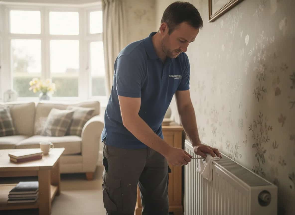 Heating engineer bleeding a radiator with a radiator key during a central heating repair visit