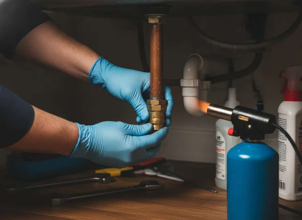 Close-up of a plumber tightening a compression fitting on a copper pipe during an emergency call-out