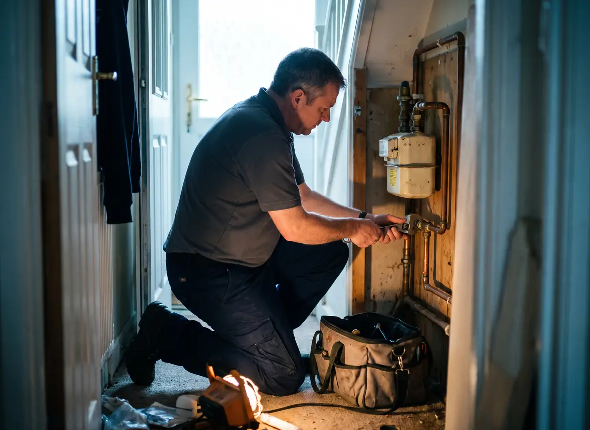 Gas engineer kneeling in an understairs cupboard, tightening a compression fitting on the copper pipework beside a domestic gas meter