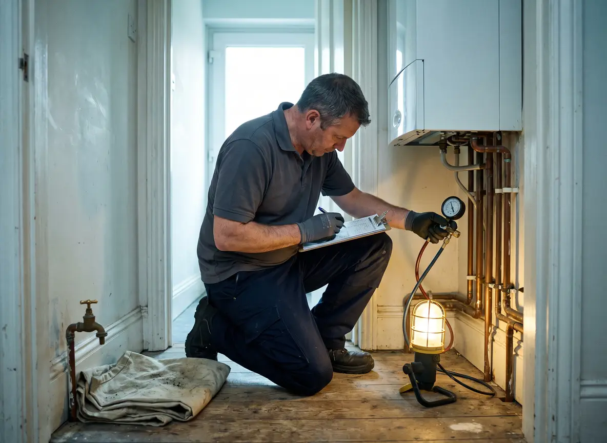 Gas Safe Registered engineer filling in a landlord gas safety record beside a boiler in a rented flat