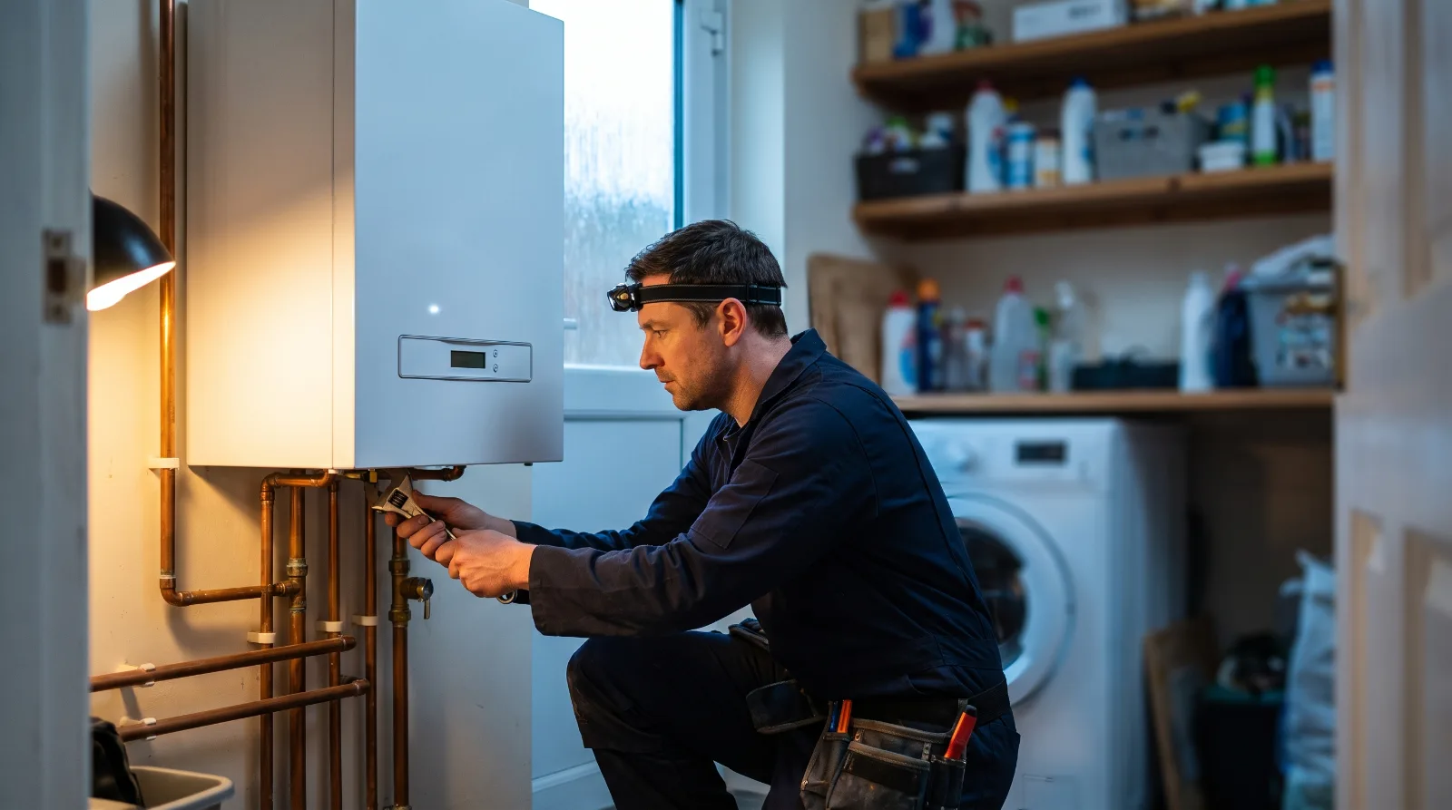 Heating engineer kneeling to tighten a pipe fitting under a wall-mounted combi boiler in a utility room, lit by a work lamp