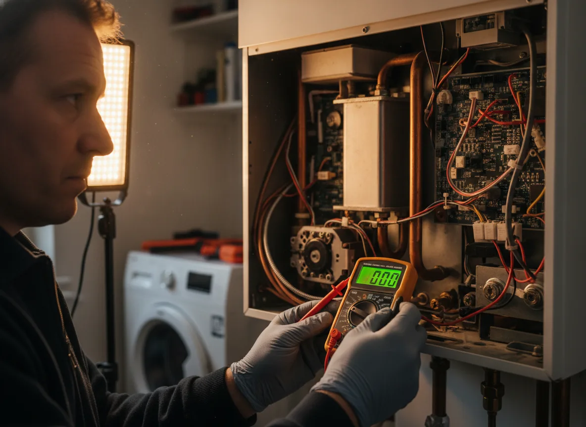 Heating engineer diagnosing a boiler fault with a multimeter during a breakdown repair call-out