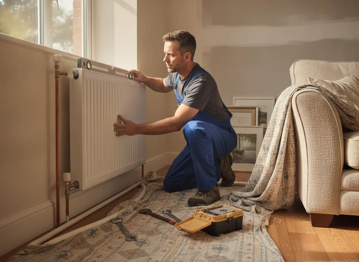Heating engineer fitting a new double-panel radiator to a living room wall during a central heating installation