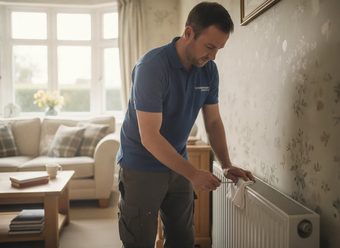 Heating engineer bleeding a radiator with a radiator key during a central heating repair visit