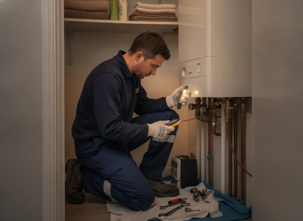 Gas Safe Registered heating engineer checking a boiler pressure gauge in a Falkirk home