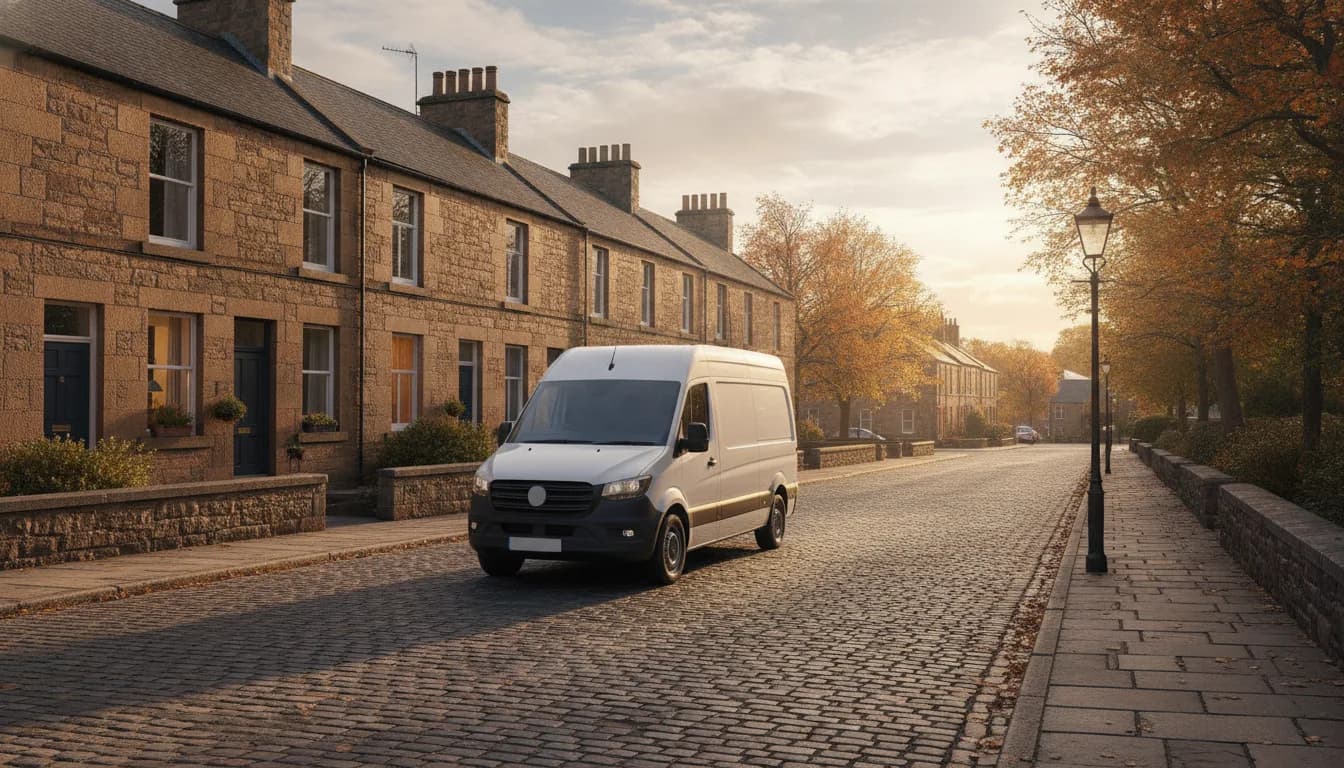 Tradesman's van parked on a residential street in a small town near Falkirk, representing Pilot Heating Solutions' coverage area